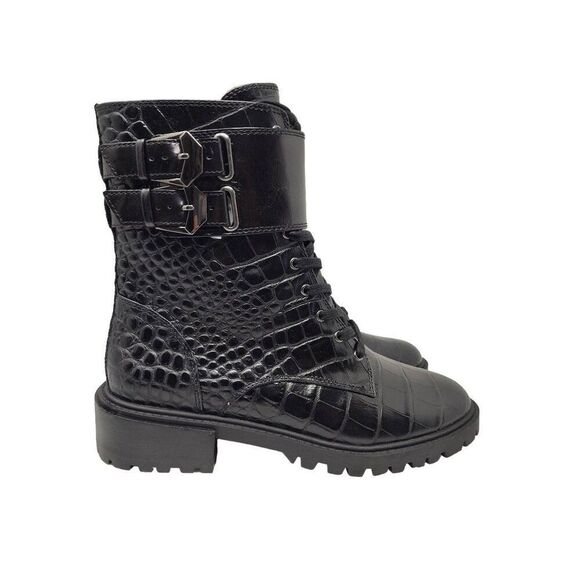 VINCE CAMUTO WOMENS FAWDRY DOUBLE BUCKLE C BLACK GLAZED CROC MOTO BOOTS NIB 6M - Picture 2 of 13